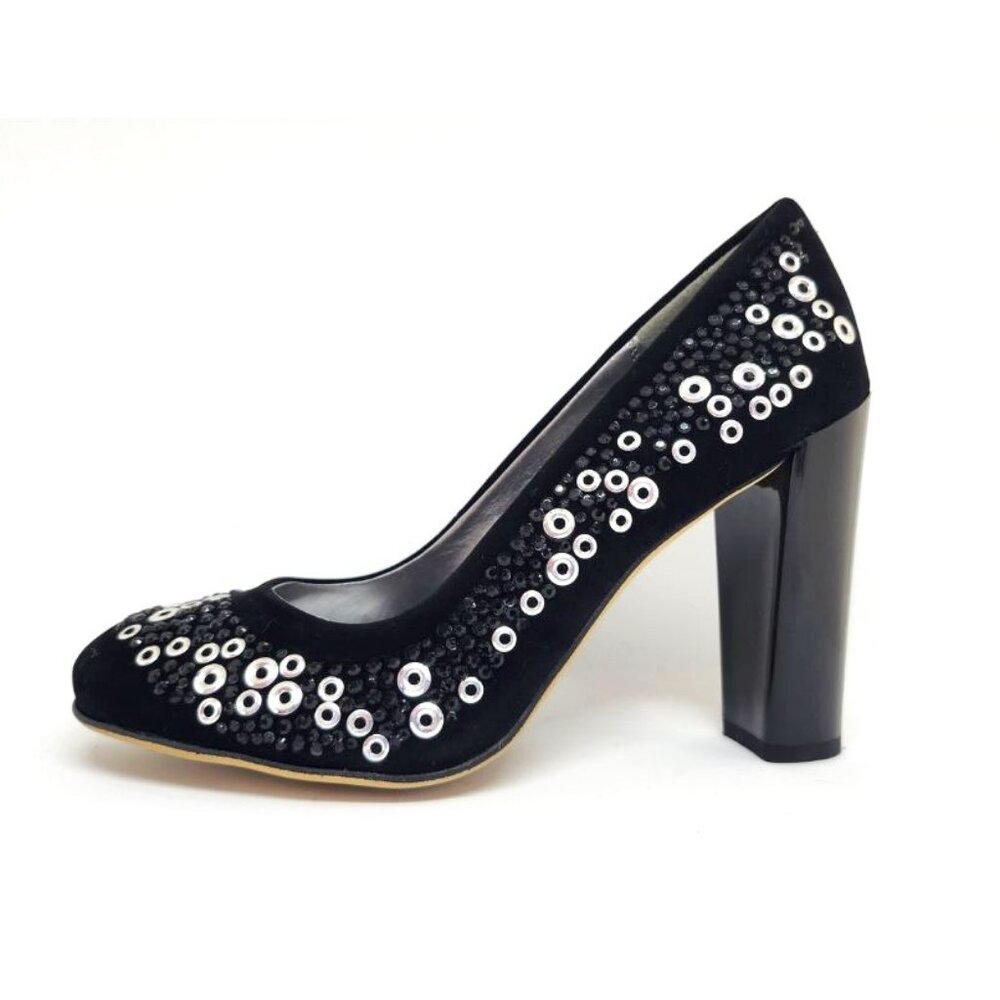 Kiss Kiss Women's Suede Block Heel W/Silver & Black Embellishments Size 39